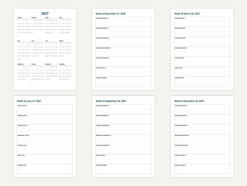 Agenda hebdomadaire 2027 à imprimer, vue d'ensemble de l'année, calendrier mensuel (PDF) image 8