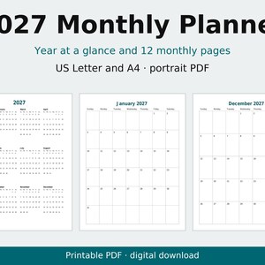 2027 Monthly Planner Printable, Portrait Month per Page, Year at a Glance, Letter and A4 image 1