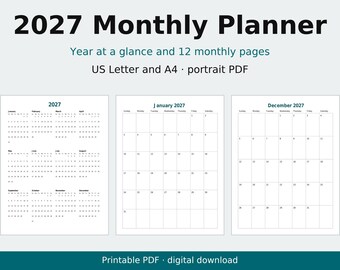 May include: A 2027 monthly planner digital download featuring a year at a glance page, January 2027, and December 2027 monthly calendar pages. The text includes 2027 Monthly Planner, Year at a glance and 12 monthly pages, US Letter and A4 portrait PDF, Printable PDF, and digital download.
