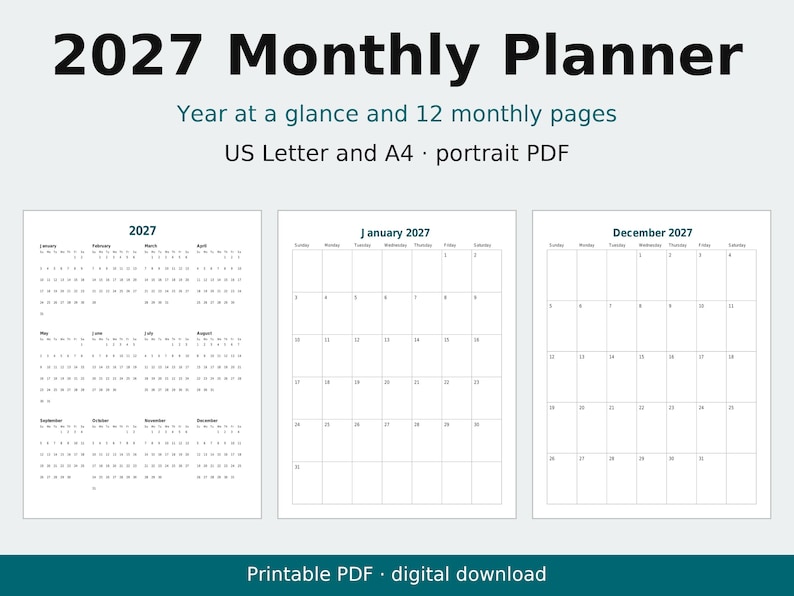 2027 Monthly Planner Printable, Portrait Month per Page, Year at a Glance, Letter and A4 image 1