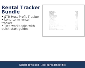 May include: A Rental Tracker Bundle digital download featuring an STR Host Profit Tracker, a long-term rental tracker, and two workbooks with quick-start guides. The .xlsx spreadsheet file displays financial data including purchase price and cash flow.