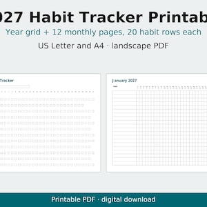 2027年習慣トラッカー（印刷可能）、月間・年間習慣トラッカー、横向きPDF、レターサイズ・A4サイズ 画像 1