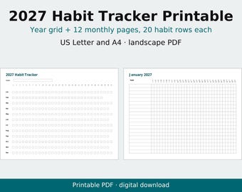 Puede incluir: Un rastreador de hábitos 2027 imprimible en formato PDF horizontal. El documento incluye una cuadrícula anual con 12 filas mensuales y 20 filas de hábitos, más 12 páginas mensuales. Texto: 2027 Habit Tracker Printable, Year grid + 12 monthly pages, 20 habit rows each, US Letter and A4, landscape PDF, Printable PDF, digital download.