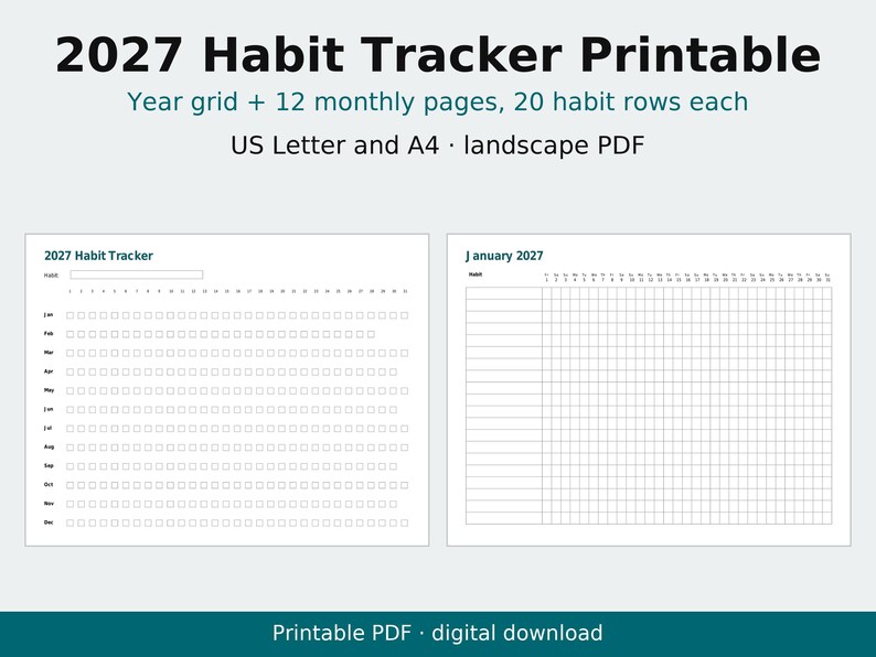 2027年習慣トラッカー（印刷可能）、月間・年間習慣トラッカー、横向きPDF、レターサイズ・A4サイズ 画像 1