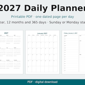 Planificador diario imprimible 2027, página por día con fecha, páginas mensuales, formato carta y A4 (PDF). imagen 1
