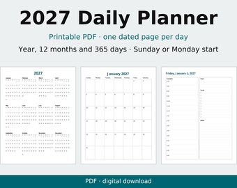 May include: A 2027 daily planner printable PDF featuring a yearly calendar overview, a monthly calendar for January 2027, and a single dated page for Friday, January 1, 2027, with sections for a schedule, top 3 tasks, to-do list, and notes.