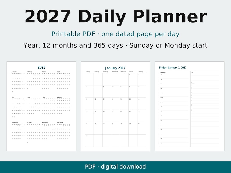 Planificador diario imprimible 2027, página por día con fecha, páginas mensuales, formato carta y A4 (PDF). imagen 1