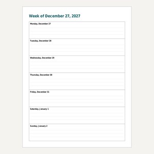Digital planerare 2027, hyperlänkad PDF, daterade vecko- och månadssidor, startar på söndag eller måndag bild 7