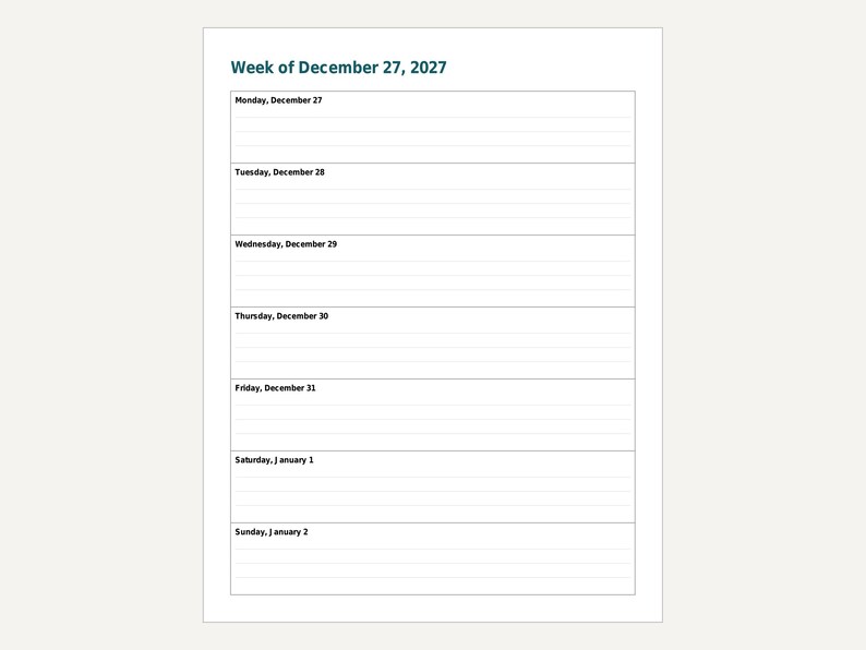 Digital planerare 2027, hyperlänkad PDF, daterade vecko- och månadssidor, startar på söndag eller måndag bild 7