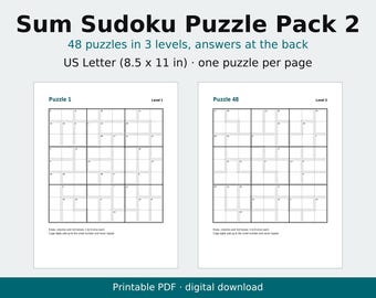 Könnte beinhalten: Ein digitaler Download mit dem Titel Sum Sudoku Puzzle Pack 2, der 48 Rätsel in 3 Schwierigkeitsstufen mit Lösungen enthält. Das Dokument ist für US Letter 8,5 x 11 Zoll Papier formatiert und zeigt ein Rätsel pro Seite mit schwarzen Gittern.