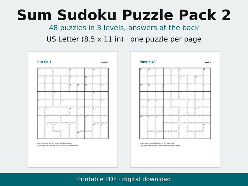 Sum Sudoku Pack 2, 48 Puzzles, 3 Levels, Answers (PDF Download) image 1