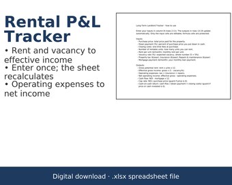 May include: A Rental P&L Tracker digital spreadsheet file. The text reads: Rental P&L Tracker, Rent and vacancy to effective income, Enter once; the sheet recalculates, Operating expenses to net income. Includes a Long-Term Landlord Tracker guide.