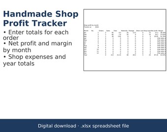 以下が含まれることがあります： Handmade Shop Profit Trackerというタイトルのデジタルスプレッドシートファイル。このドキュメントには、2026年の月ごとの注文数、売上、手数料、材料費、送料、経費、純利益、利益率を追跡するための表が含まれており、.xlsx形式で提供されています。