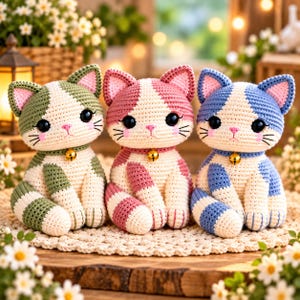 Puede incluir: Tres figuras de gato tejidas a ganchillo sentadas una al lado de la otra. Cada gato tiene la cara y el pecho blancos con parches de colores en verde salvia, rosa empolvado y azul aciano. Tienen grandes ojos negros, nariz rosa y cascabeles dorados.