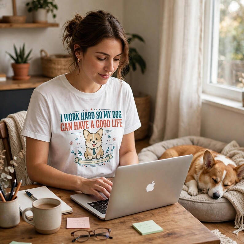 Jag jobbar hårt så att min hund kan ha ett bra liv, rolig Corgi-t-shirt, hundmamma-pappa-gåva, sarkastisk hundtröja bild 4