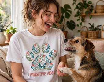Pawsitive Vibes Shirt, Floral Paw Print T-Shirt, Dog Mom Gift, Positive Dog Lover Tee for Women