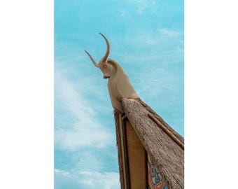 May include: A tan wooden sculpture of a horned animal head mounted on the peak of a thatched roof. The sculpture features a curved horn and a small red eye detail. The roof is covered in brown dried grass, and a blue sky is visible behind it.