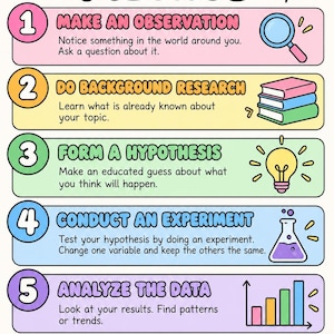 Könnte beinhalten: Ein buntes Lehrplakat mit dem Titel THE SCIENTIFIC METHOD, das sechs nummerierte Schritte zeigt: Make an Observation mit einer Lupe, Do Background Research mit Büchern, Form a Hypothesis mit einer Glühbirne, Conduct an Experiment mit einem Kolben, Analyze the Data mit einem Balkendiagramm und Draw a Conclusion mit einem Klemmbrett.
