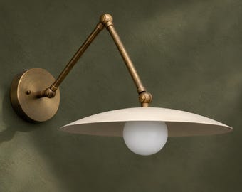 Vintage-Inspired Adjustable Brass Wall Sconce | Mid-Century Modern Swing Arm Wall Lamp | White Globe Reading Light.