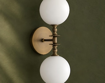 Antique Brass Double Globe Vanity Light | Opal Glass Wall Sconce | Mid Century Modern Bathroom Lighting.