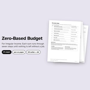 Könnte beinhalten: Ein Zero-Based Budget Dokumentenset mit 24 Seiten für die Verwendung mit Stift auf Papier in den Formaten US Letter und A4. Der Text enthält The seven steps, For irregular income. Each sum runs through seven steps until nothing is left without a job.