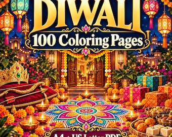 Libro da colorare di Diwali in PDF: 100 disegni di Diya, Rangoli e decorazioni festive, formato A4 + US Letter