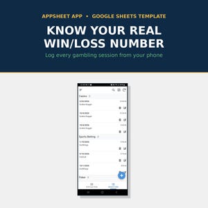 Könnte beinhalten: Eine digitale Benutzeroberfläche für eine AppSheet-App und eine Google Sheets-Vorlage. Der Bildschirm zeigt eine Liste von Glücksspielsitzungen, unterteilt in Casino, Sportwetten und Poker, mit Daten, Orten und Dollarbeträgen für jeden Eintrag.