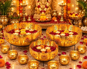 Puede incluir: Tres cuencos de metal dorado con bordes en forma de loto, llenos de agua, velas flotantes y pétalos de rosa rojos. Cuencos dorados más pequeños a juego con velas están dispuestos sobre la superficie alrededor de los cuencos grandes.