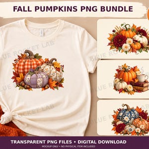 Peut inclure: Un t-shirt couleur crème arborant un motif de trois citrouilles aux motifs écossais et floraux entourées de feuilles d'automne. À droite, trois panneaux rectangulaires présentent des designs de citrouilles avec des fleurs et des livres.