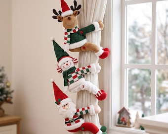 Plush Christmas Character Curtain Tiebacks, Santa Snowman Reindeer Hook-and-Loop Holdbacks