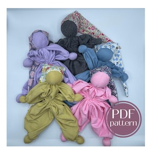 May include: A set of six handmade fabric dolls with different colored fabrics and patterns. The dolls are all in a circle, with the text "PDF pattern" in a pink circle in the lower right corner.