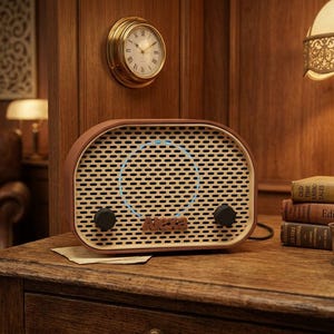Può includere: Uno smart speaker di forma ovale color marrone con una griglia frontale traforata di colore chiaro. Il dispositivo presenta due manopole di controllo circolari nere in basso a sinistra e a destra, con la scritta Alexa centrata sotto un anello blu.
