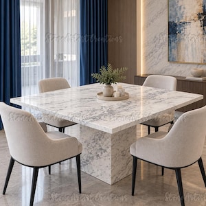Puede incluir: Una mesa de comedor cuadrada con tablero de mármol blanco con vetas grises y base de pedestal a juego. Cuatro sillas tapizadas en gris claro con patas negras están colocadas alrededor. Una bandeja circular sostiene una planta y velas.