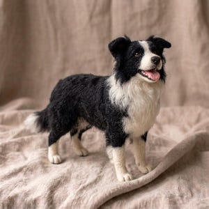 May include: A needle-felted Border Collie figurine featuring a black and white coat, pointed ears, and a textured wool finish. The dog is depicted in a standing position with its mouth slightly open, revealing a pink tongue and dark eyes.