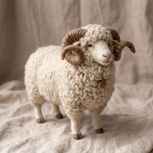 May include: A needle-felted ram figurine crafted from cream-colored wool, featuring textured curly fleece, prominent curved brown horns, and a small brown bell hanging from a cord around its neck. The ram stands on four legs with brown hooves.