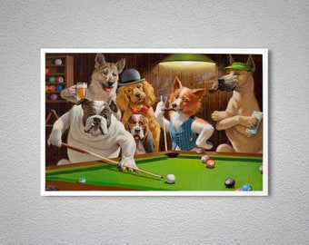 dogs playing pool on black velvet