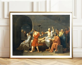 May include: A framed print of a classical painting depicting a scene with several figures in ancient attire. The artwork features a central figure reclining on a bed, surrounded by other individuals in a dimly lit, arched interior. The color palette includes muted tones.