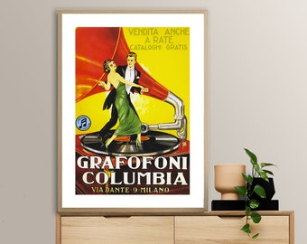 Grafofoni Columbia, Vintage Poster, Retro Wall Art, Entertainment Print, Advertisement Art, Musical Painting, Café Wall Art, Dancing Artwork