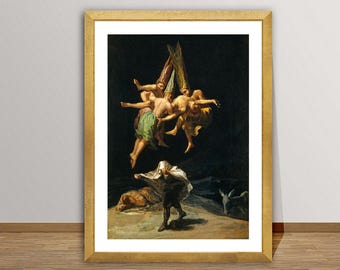 Könnte beinhalten: Ein Gemälde, das vier geflügelte Figuren zeigt, die in einem dunklen Himmel fliegen. Die Figuren sind in farbenfrohe Roben gekleidet und scheinen sich im Flug zu befinden. Unter ihnen steht eine Figur in einer weißen Robe auf einer felsigen Oberfläche.