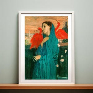 Young Woman with Ibis" by Edgar Degas is a striking and mysterious work that reflects Degas’ early interest in Orientalism and Symbolist themes. Painted around 1857–1858, the artwork shows a graceful young woman in an exotic setting, standing near a red ibis — a bird often associated with sacred or mystical symbolism.