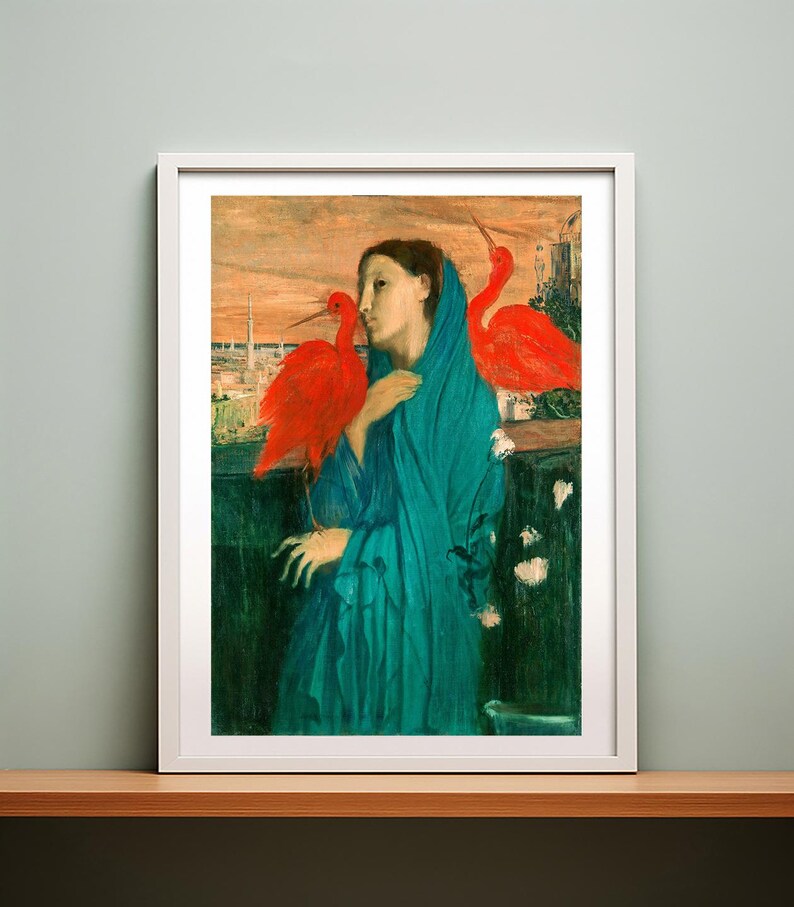 Young Woman with Ibis" by Edgar Degas is a striking and mysterious work that reflects Degas’ early interest in Orientalism and Symbolist themes. Painted around 1857–1858, the artwork shows a graceful young woman in an exotic setting, standing near a red ibis — a bird often associated with sacred or mystical symbolism.