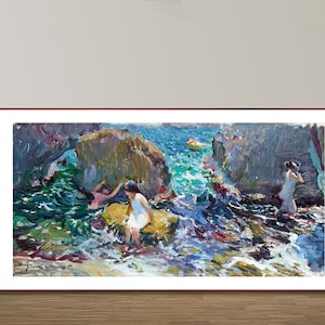 Niños en la orilla, Jávea de Joaquín Sorolla y Bastida, Póster de bellas artes, Obra de arte impresionista, Arte mural náutico, Póster de paisaje marino