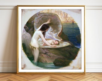 Op de afbeelding: Een schilderij van een vrouw die in een schelp staat met een slapende baby erin. De vrouw is naakt en heeft lang donker haar. De schelp is groot en wit met een parel erin. De achtergrond is een blauwe zee met een rotsachtige kust.