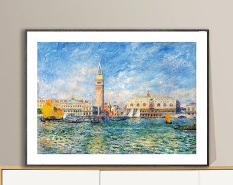 Puede incluir: Una pintura que representa una vista del Gran Canal de Venecia, Italia. La pintura presenta una alta torre blanca en el centro, con un cielo azul y nubes blancas arriba. Hay barcos y góndolas en el agua, y edificios a ambos lados del canal.