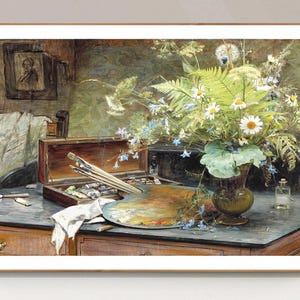 Interior with a Bunch of Wild Flowers, Artist’s Paint Box, a Palette by Bertha Wegmann Fine Art Print - Still Life Painting, Deco Interior