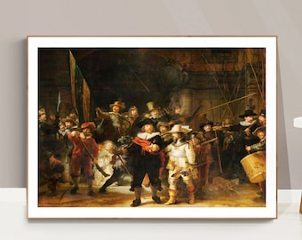 May include: A painting depicting a group of men in 17th-century Dutch clothing, holding muskets and other weapons. The men are standing in a dimly lit room, with a large flag hanging in the background. The painting is a classic example of Dutch Golden Age art.