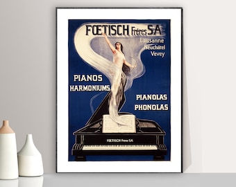 Vintage Piano Poster: Foetisch Frères Advertisement, Music Room Decor