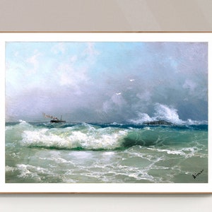 Biarritz, Francia por Ivan Konstantinovich Aivazovsky Impresión de bellas artes, arte de la pared costera, arte del paisaje marino, cartel náutico, arte del océano