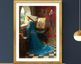 May include: A painting of a woman in a blue dress looking out a window. She is standing in a room with a tapestry on the wall and a painting of a scene with people in it.
