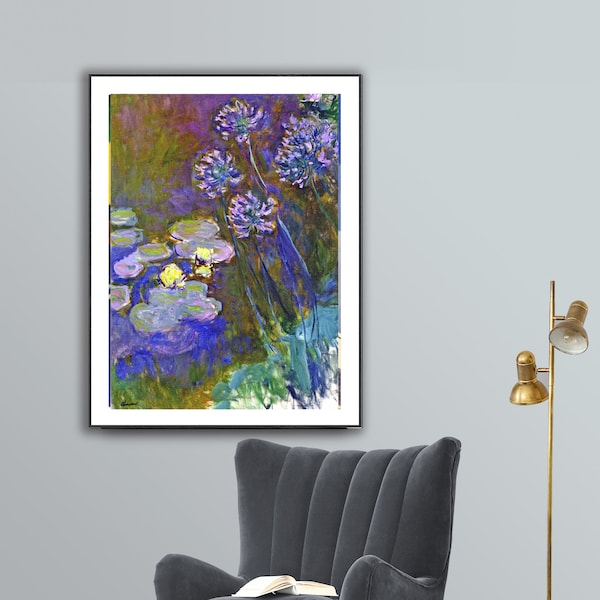Water Lilies and Agapanthus by Claude Monet Fine Art Print - Poster Paper or Canvas Print / Wall Decor